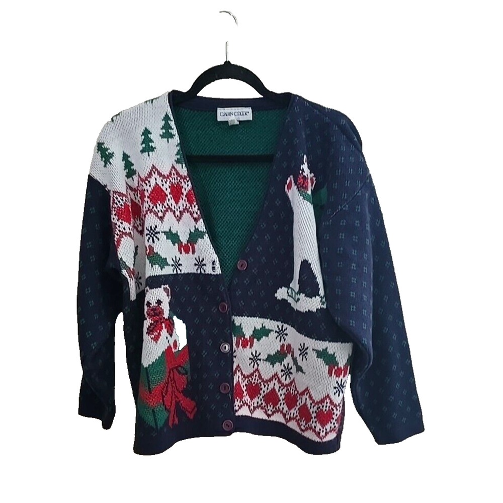 Vintage Cabin Creek Blue Christmas Novelty Cardigan Sweater Womans Size Large